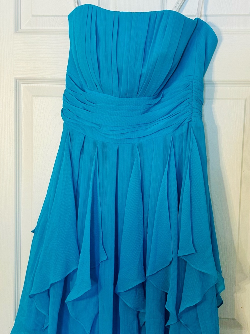 David's Bridal Strapless Blue Layered Chiffon Prom Dress